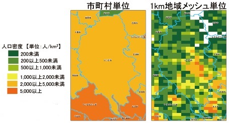 人口密度を市全体・1km単位で比べた図
