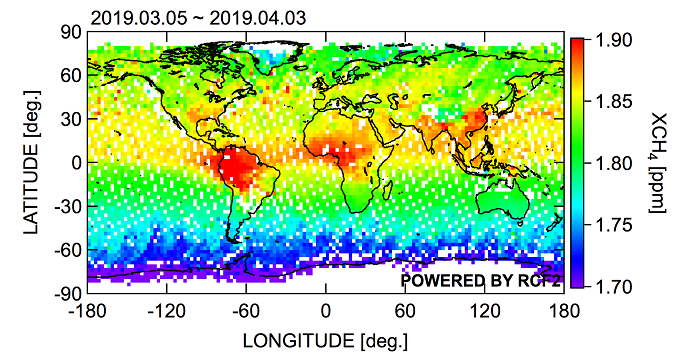 Global distribution of methane column-averaged dry-air mole fraction (XCH4) retrieved by the proxy-method from FTS-2 data acquired from March 5 to April 3, 2019.