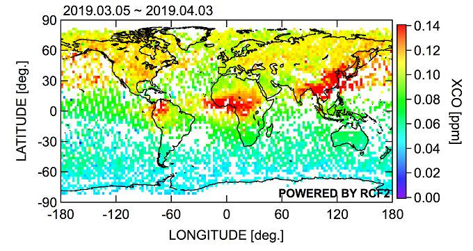 Global distribution of carbon monoxide column-averaged dry-air mole fraction (XCO) retrieved by the proxy method from the FTS-2 data acquired from March 5 to April 3, 2019.