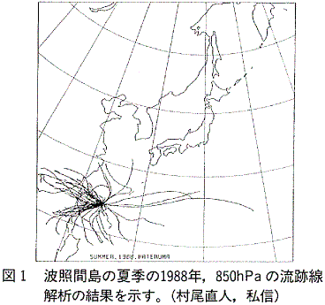 図1  波照間島の夏季の1988年，850hPaの流跡線解析の結果を示す（村尾直人，私信）