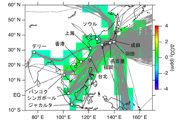 CO2濃度連続測定装置（CME）を搭載したCONTRAIL機の2005年以降の航路図の画像