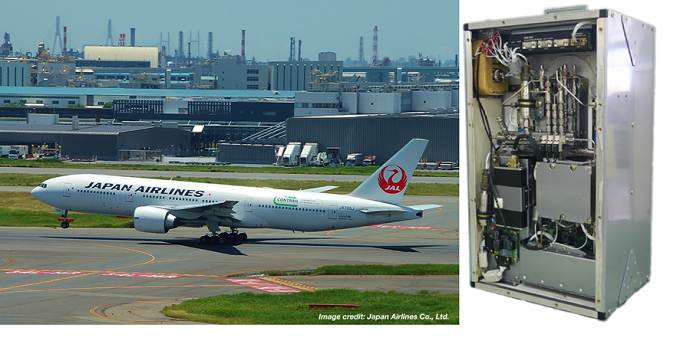羽田空港を離陸する日本航空のCONTRAILロゴ特別塗装機とCO2濃度連続測定装置の画像