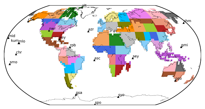 本研究の逆解析に用いた地上観測データの位置を表した図