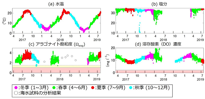 北海道忍路湾における連続観測で得られた水温，塩分，Ωarag値，溶存酸素濃度の時系列変化の図