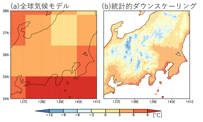 過去を再現したある日の日平均気温を、ある全球気候モデルによる分布図と統計的ダウンスケーリング実施後の分布図を並べた図