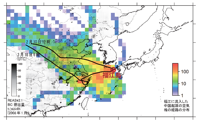福江島大気環境施設の位置と中国起源の空気塊の経路の分布図